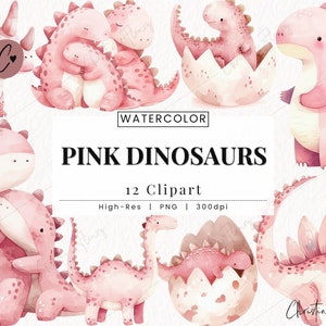 Watercolor Pink Dinosaurs Clipart, Cute Dino PNG, Dinosaur Birthday Party, Kawaii Dino Png Instant Download for Commercial Use
