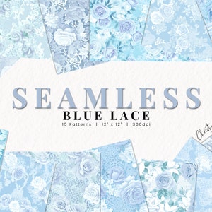 Nahtlose blaue Spitze digitales Papier, Spitze und blaue Blumenmuster, druckbares Spitzenpapier, Sublimationshintergrund für kommerzielle Nutzung