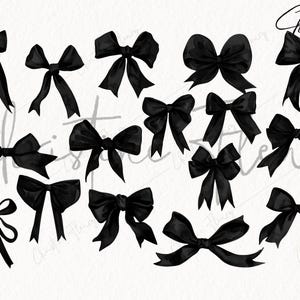 May include: A selection of black bows in diverse styles, including satin and ribbon designs. The bows are displayed on a white background, with the name "Christie" written in cursive script.