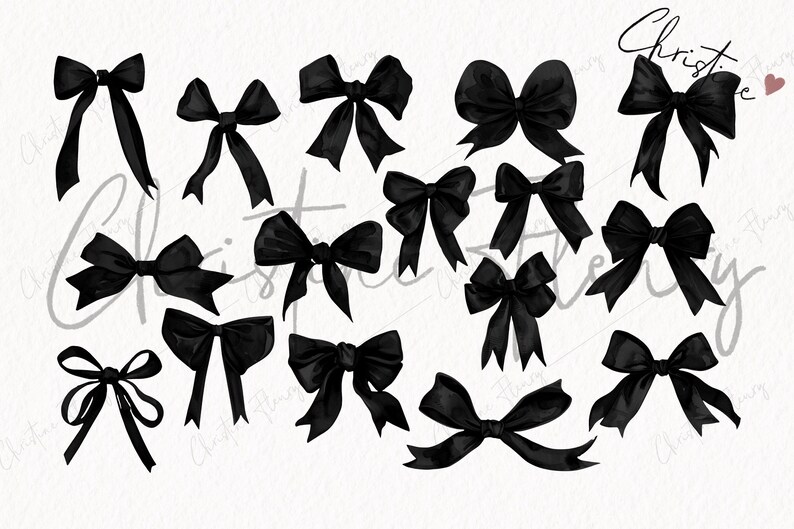 May include: A selection of black bows in diverse styles, including satin and ribbon designs. The bows are displayed on a white background, with the name "Christie" written in cursive script.