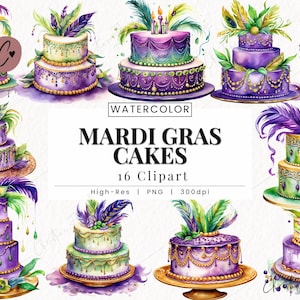 水彩マルディグラケーキクリップアート、マルディグラPNG、フェスティバルPNG、ケーキPNG、商用利用のための即時ダウンロード