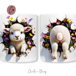 Rolig vårlamm med genombrott i muggomslag, sublimerad vårpåskmugg PNG, hål i vägg PNG, sublimerad mugg på 11oz och 15oz