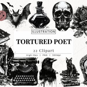 Tortured Poet Clipart, Gothic PNG, Halloween Clipart,  Macabre Literature Bookish PNG Instant Download for Commercial Use