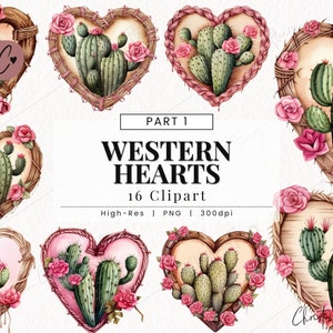 Western Valentine Hearts Clipart, Cowgirl Valentine&#39;s Day PNG, Valentine PNG, Cactus Love PNG Instant Download for Commercial Use