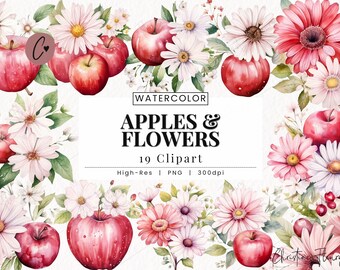 Watercolor Apples & Flowers Clipart, Spring PNG, Teacher PNG, Apple Flower PNG Instant Download for Commercial Use