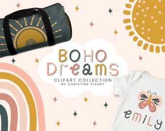 Boho Dreams Clipart Collection - Hand-drawn fun boho elements for playful projects, Instant download, Commercial use