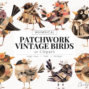 Patchwork Vintage Vögel Clipart, wunderliche Vintage Clipart, niedlicher Vogel PNG, Junk Journal PNG Sofort-Download für kommerzielle Nutzung