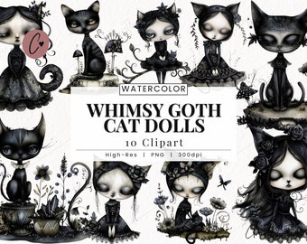 Whimsy Goth Katze Puppen Clipart, Gothic PNG, Halloween Cliparts, Gothic Halloween Girls Png Sofort-Download für kommerzielle Nutzung