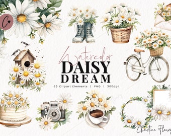 Watercolor Daisy Dream Clipart, Watercolor Daisy Clipart, Watercolor PNG, PNG Instant Download for Commercial Use