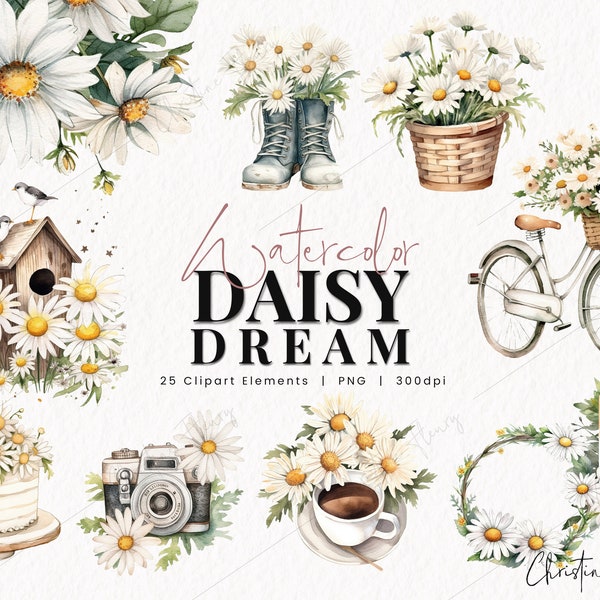 Watercolor Daisy Dream Clipart, Watercolor Daisy Clipart, Watercolor PNG, PNG Instant Download for Commercial Use