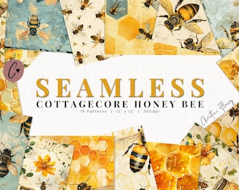 Seamless Cottagecore Honey Bee Digital Paper, Honey Bee Patterns, Printable Honey Paper, Sublimation Background for Commercial Use