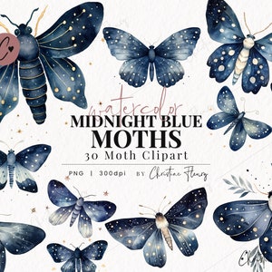 Aquarell Midnight Blue Motten Clipart, Aquarell PNG, Halloween Clipart, PNG Sofortdownload für kommerzielle Nutzung