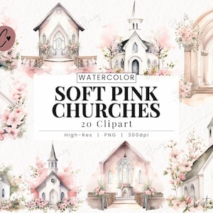 Imágenes prediseñadas de iglesia de acuarela rosa suave, PNG de boda, PNG de iglesia de acuarela, PNG de ceremonia, descarga instantánea para uso comercial