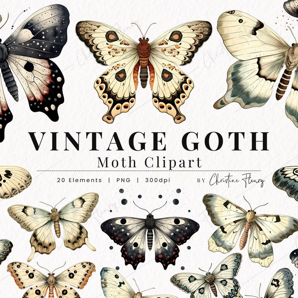 Vintage Goth Moth Clipart, Gothic Clipart, Botanical PNG, PNG Instant Download for Commercial Use