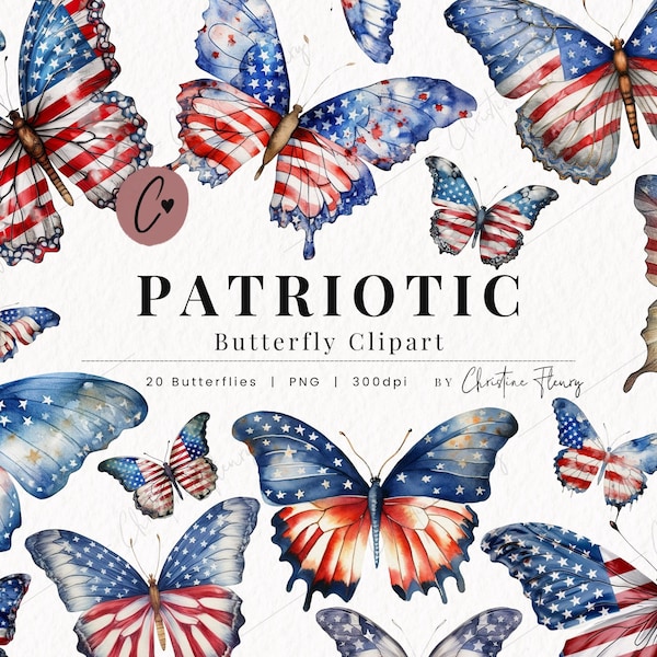 Patriotic Butterfly Clipart, 4th Of July Butterfly PNG, America Clipart, PNG Instant Download for Commercial Use