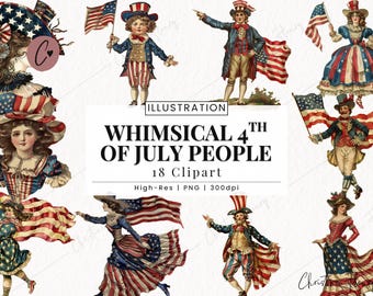 Whimsical 4th Of July People Clipart Bundle, 4th Of July PNG, Independence Day, Vintage Clipart, Patriotic Junk Journal Png Digital Download