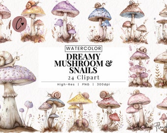 Dreamy Mushrooms & Snails Clipart, Forest Junk Journal PNG, Magical Fairy PNG, Whimsical Mushroom PNG Instant Download for Commercial Use