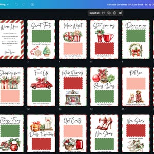 May include: A collection of Christmas gift card templates with various themes. Each card features a red and green color scheme with decorative elements and text. Themes include "Merry Christmas," "Sweet Treats," and "Spa Day."