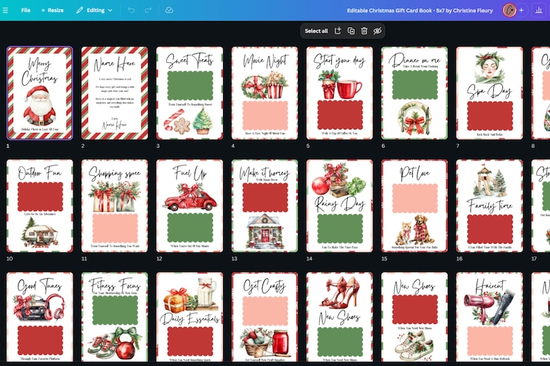 May include: A collection of Christmas gift card templates with various themes. Each card features a red and green color scheme with decorative elements and text. Themes include "Merry Christmas," "Sweet Treats," and "Spa Day."