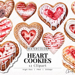 Watercolor Valentine Heart Cookies Clipart, Watercolor Valentine Clipart, Valentine's Day PNG, PNG Instant Download for Commercial Use