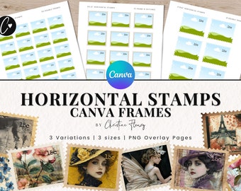 Horizontal Stamps Canva Frame Template, Canva Junk Journal Template, Printable Stamp Pages, DIY Sticker, Digital Ephemera