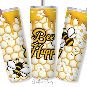 Emballage de gobelet heureux abeille gonflée 3D PNG, sublimation de gobelet maigre 20 oz, emballage de gobelet droit et fuselé, téléchargement numérique instantané