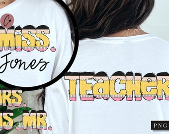 Pencil Doodle Teacher PNG Front & Back, Back To School PNG, Teacher Png, Pencil Doodle School Sublimation Design, First Day Of School Png