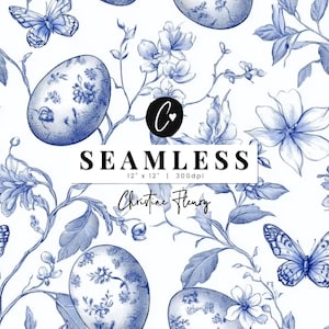 Papel digital Toile de Jouy de Pascua, huevos de Pascua PNG, fondo de guardería sin costuras, primavera de Pascua PNG, papel de álbum de recortes imprimible