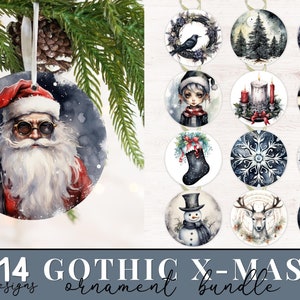 Gothic Christmas Round Ornament Sublimation Bundle, Watercolor Ornament Sublimation, Christmas Sublimation PNG, Sublimation Design