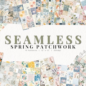 Könnte beinhalten: Eine Sammlung von 15 nahtlosen Frühlings-Patchwork-Mustern mit floralen Designs in Pastellfarben. Die Muster sind 30,5 cm x 30,5 cm groß und haben eine Auflösung von 300 dpi.