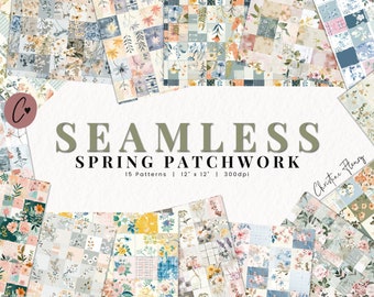 Seamless Spring Patchwork Digital Paper, Spring Patterns, Printable Rustic Flower Paper, Sublimation Background for Commercial Use