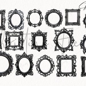 May include: A set of 15 black ornate picture frames of various sizes and shapes. The frames are all intricately detailed with a vintage style.