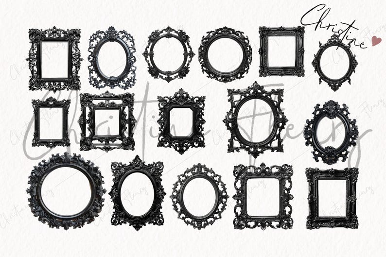 May include: A set of 15 black ornate picture frames of various sizes and shapes. The frames are all intricately detailed with a vintage style.