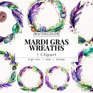 水彩のマルディグラの花輪クリップアート、マルディグラ PNG、フェスティバル PNG、花輪 PNG 商用利用のための即時ダウンロード