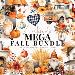 Aquarelle Mega Fall Bundle Clipart, Clipart aquarelle automne, aquarelle PNG, PNG téléchargement immédiat pour usage commercial