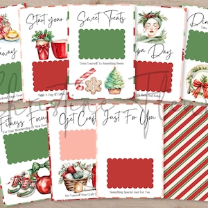 May include: A collection of Christmas-themed cards with various designs and text. The cards feature illustrations of gifts, coffee, sweets, spa elements, a dinner setting, fitness gear, and craft supplies. Each card has a scalloped green and red design.