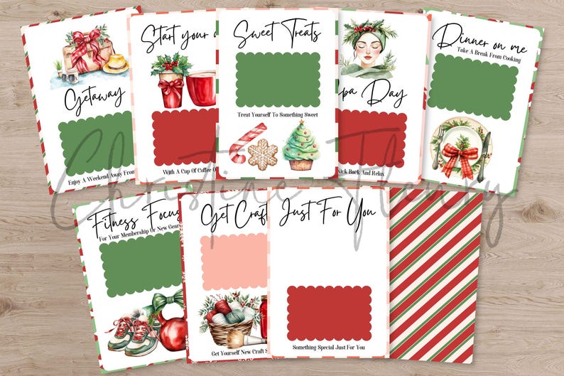 May include: A collection of Christmas-themed cards with various designs and text. The cards feature illustrations of gifts, coffee, sweets, spa elements, a dinner setting, fitness gear, and craft supplies. Each card has a scalloped green and red design.
