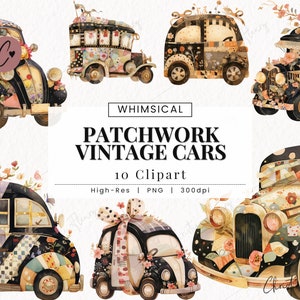 Patchwork Vintage Car Clipart, Whimsical Vintage Clipart, Sublimacja Tło PNG, Junk Journal PNG Natychmiastowe Pobieranie do Użytku Komercyjnego
