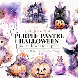 Aquarelle violet pastel Halloween clipart, clipart Halloween aquarelle, Halloween PNG, PNG téléchargement immédiat pour usage commercial