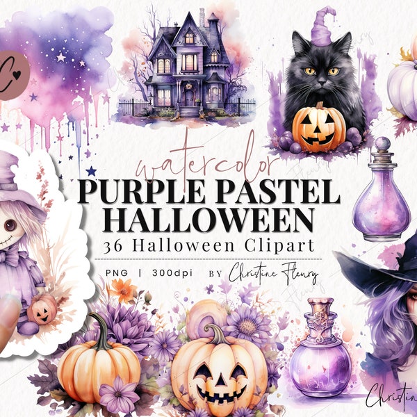 Watercolor Purple Pastel Halloween Clipart, Watercolor Halloween Clipart, Halloween PNG, PNG Instant Download for Commercial Use