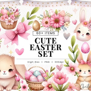 Aquarell niedlichen Ostern Clipart-Set, Frühling PNG, Ostern PNG, niedlichen Häschen PNG Sofort-Download für kommerzielle Nutzung