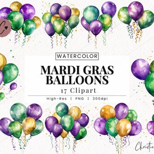 水彩マルディグラ バルーン クリップアート、マルディグラ PNG、フェスティバル PNG、バルーン PNG 商用利用のための即時ダウンロード