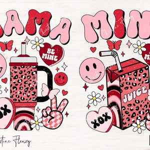 May include: A digital illustration of two Valentine's Day designs featuring the words "Mama Mini" in pink and red retro lettering. Each design includes a variety of hearts, smiley faces, and other Valentine's Day themed graphics. One design features a red and black leopard print tumbler with a straw, and the other design features a red and black leopard print juice box with a straw. Both designs include the text "Be Mine" and "XOX".