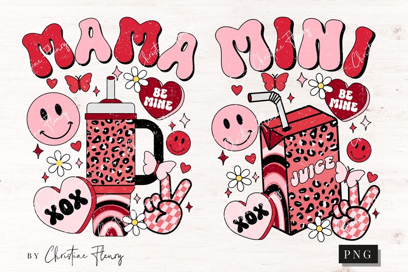 May include: A digital illustration of two Valentine's Day designs featuring the words "Mama Mini" in pink and red retro lettering. Each design includes a variety of hearts, smiley faces, and other Valentine's Day themed graphics. One design features a red and black leopard print tumbler with a straw, and the other design features a red and black leopard print juice box with a straw. Both designs include the text "Be Mine" and "XOX".