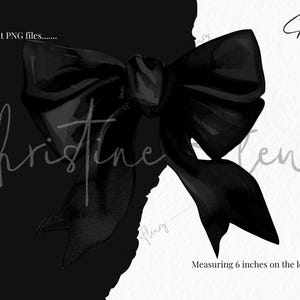 May include: A black watercolour bow illustration with a transparent background. The bow measures 15 cm on the longest side. The image includes the text "Christine Henry".