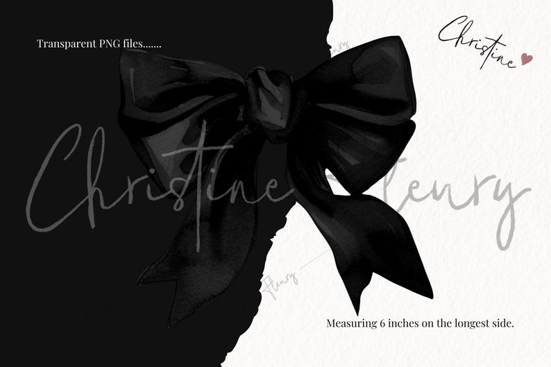 May include: A black watercolour bow illustration with a transparent background. The bow measures 15 cm on the longest side. The image includes the text "Christine Henry".