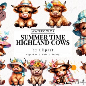 Zomertijd hooglandkoe clipart, zomer png, hooglandkoe PNG, aquarel dier PNG Instant Download voor commercieel gebruik