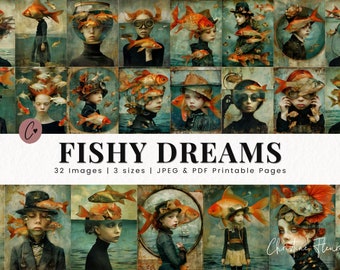 Fiskdrömmar Surrealistisk konst, 32 nyckfulla fisktemapappersdesigner, Junk Journal-papper, nyckfulla efemera, vattenlevande skräpjournal