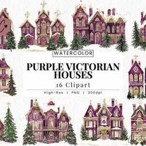 Clipart casa vittoriana viola, PNG di Natale vintage, Clipart vittoriana vintage, Sublimazione di Natale Casa di Natale PNG Download immediato