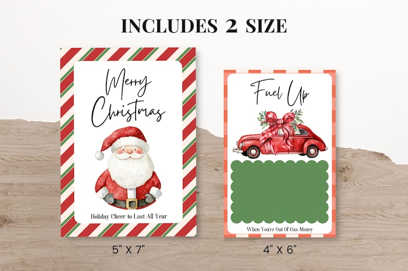 May include: Two Christmas-themed cards. One features Santa Claus with the text "Merry Christmas" and "Holiday Cheer to Last All Year". The other card shows a red car with a bow and the text "Fuel Up" and "When You're Out Of Gas Money". The cards are 5" x 7" and 4" x 6".
